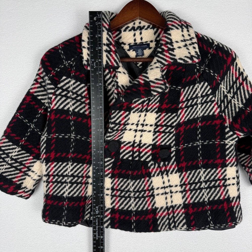 Tommy Hilfiger Little Girls Large Red Black Plaid Wool Cropped Pea Coat Jacket - Picture 5 of 9